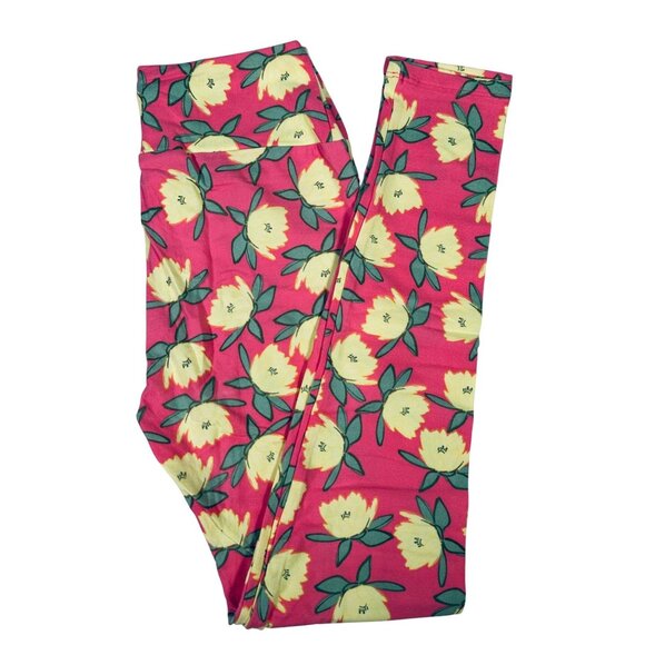 LuLaRoe Flowers Daisy Lily Lt Pink Peach Yellow Green Leggings One Size OS - Picture 1 of 6